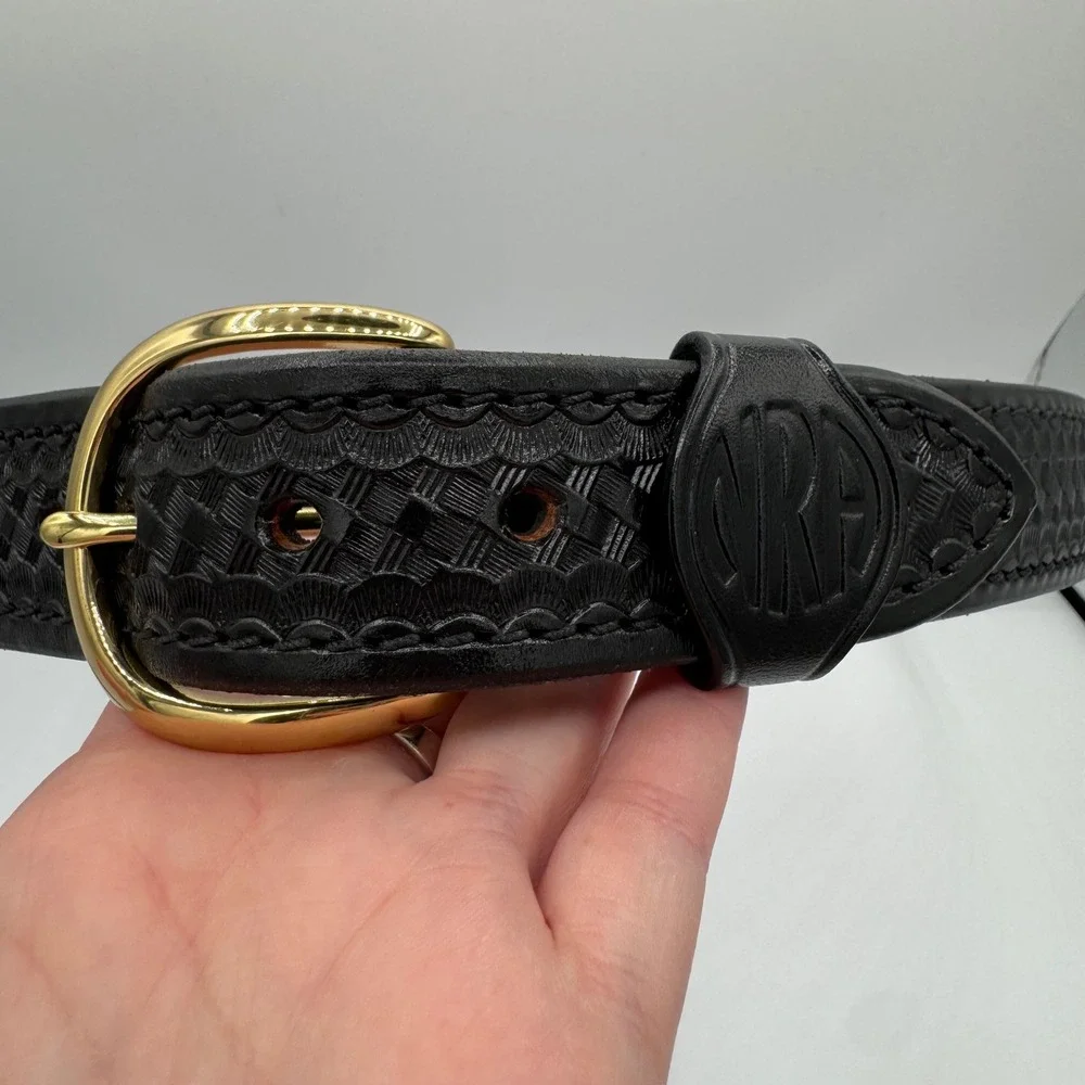Aker Leather B01 Basketweave Belt Black Brass Buckle Mens 38 Made in USA